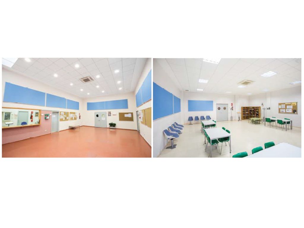 Fig. 1 – Hall de entrada (izquierda) y sala multiusos (derecha) tras la intervención acústica: Gedina E instalado como falso techo registrable y Akusto Wall en paredes (paneles azules).
